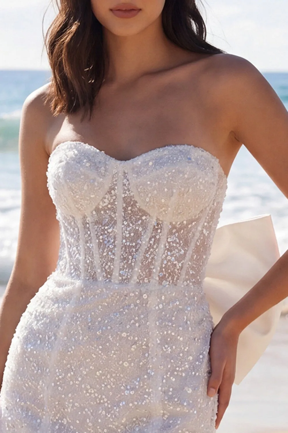 Ivory Strapless Bodycon Sequin Corset Mini Dress with Bow sold by Zapaka product image thumbnail 3