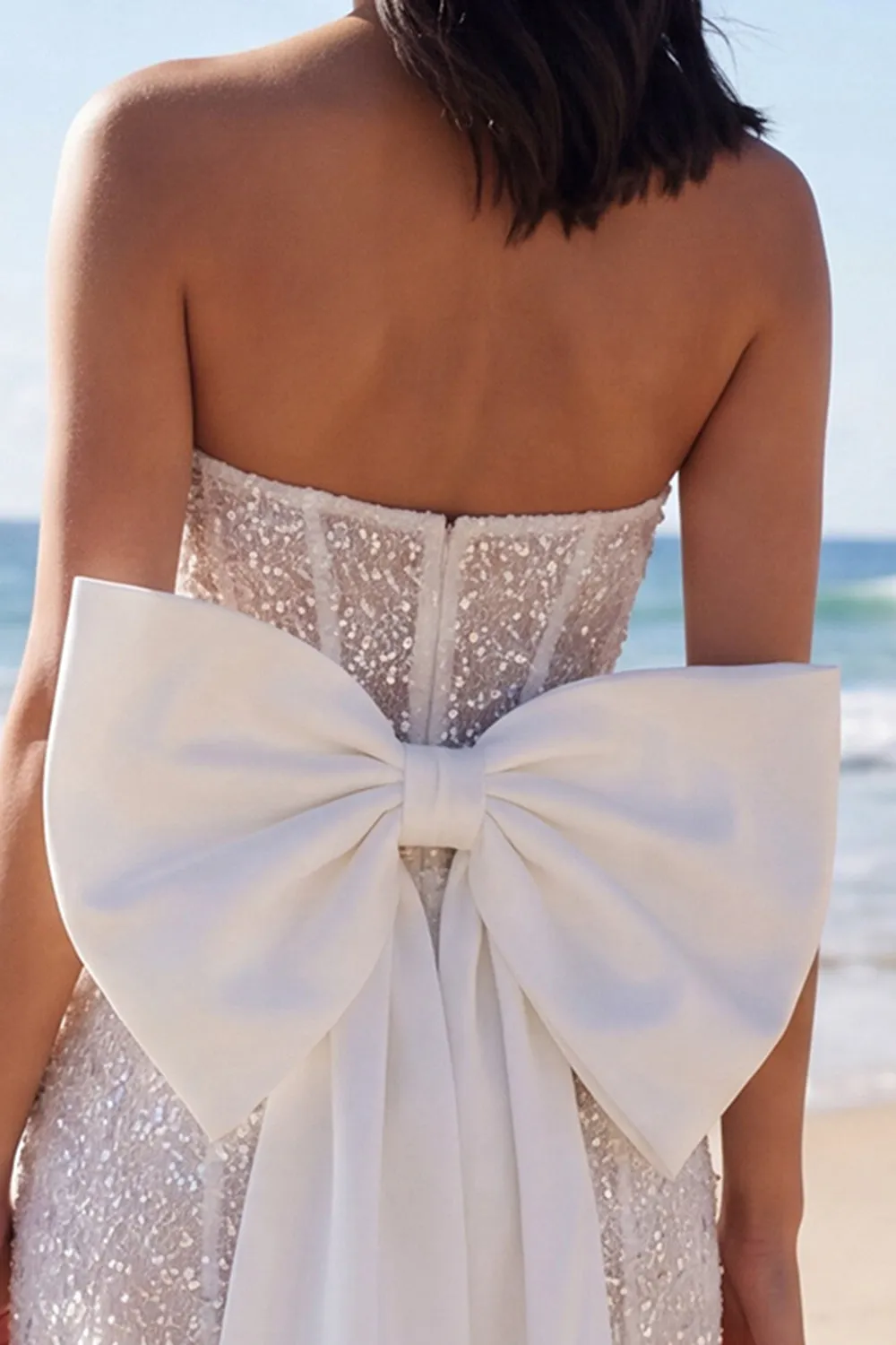 Ivory Strapless Bodycon Sequin Corset Mini Dress with Bow sold by Zapaka product image thumbnail 4