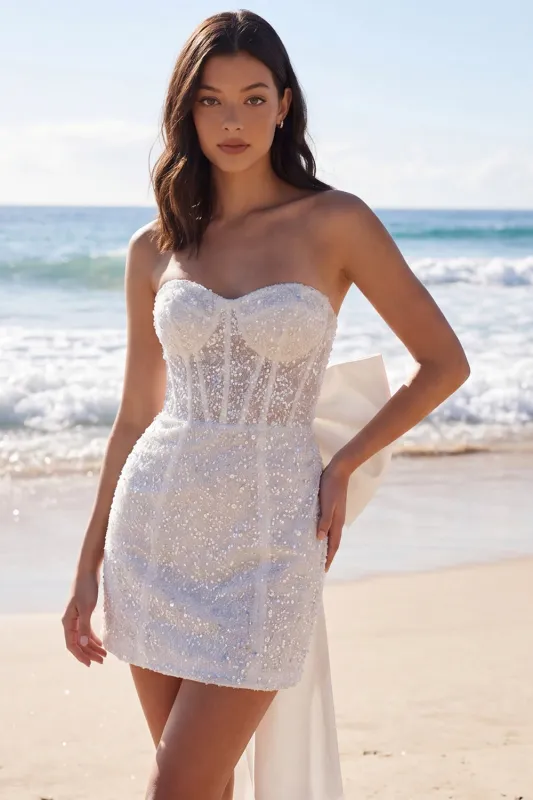 Ivory Strapless Bodycon Sequin Corset Mini Dress with Bow made by Zapaka