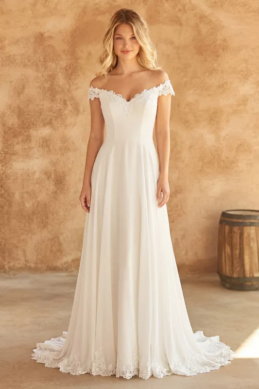 Off The Shoulder Ivory Lace A Line Chiffon Wedding Dress made by Zapaka