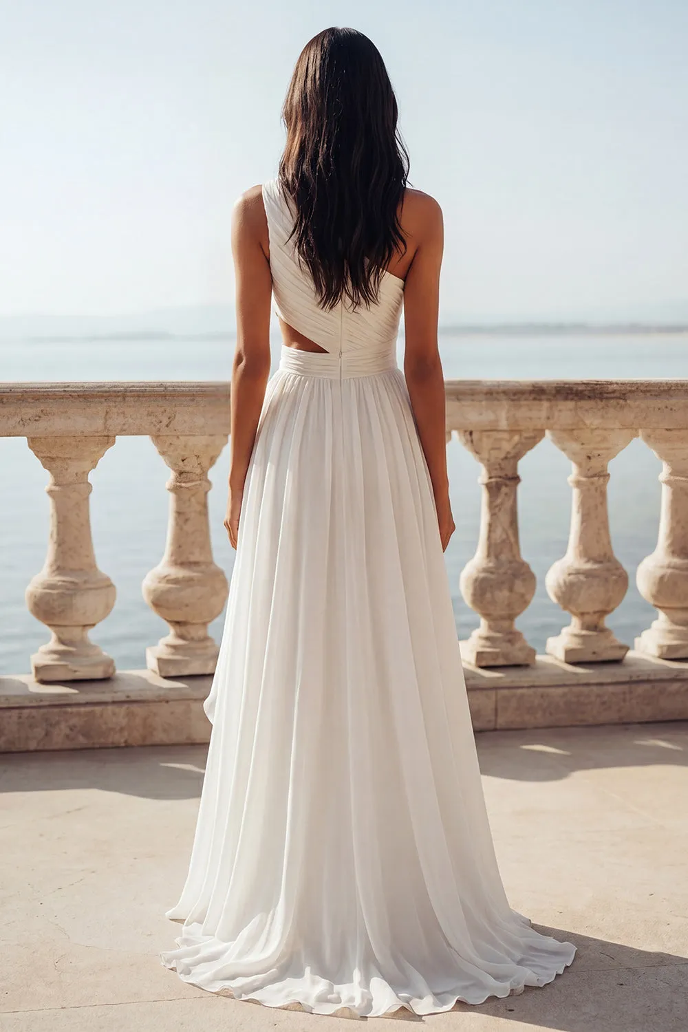 One Shoulder Cut Out Ivory A Line Ruffled Chiffon Wedding Dress sold by Zapaka product image thumbnail 2
