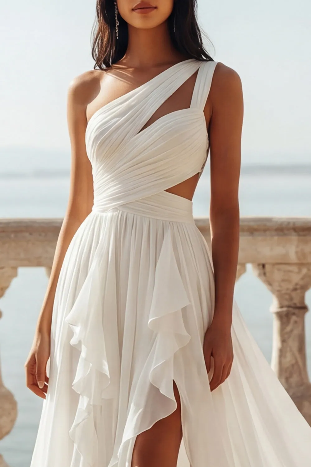 One Shoulder Cut Out Ivory A Line Ruffled Chiffon Wedding Dress sold by Zapaka product image thumbnail 3
