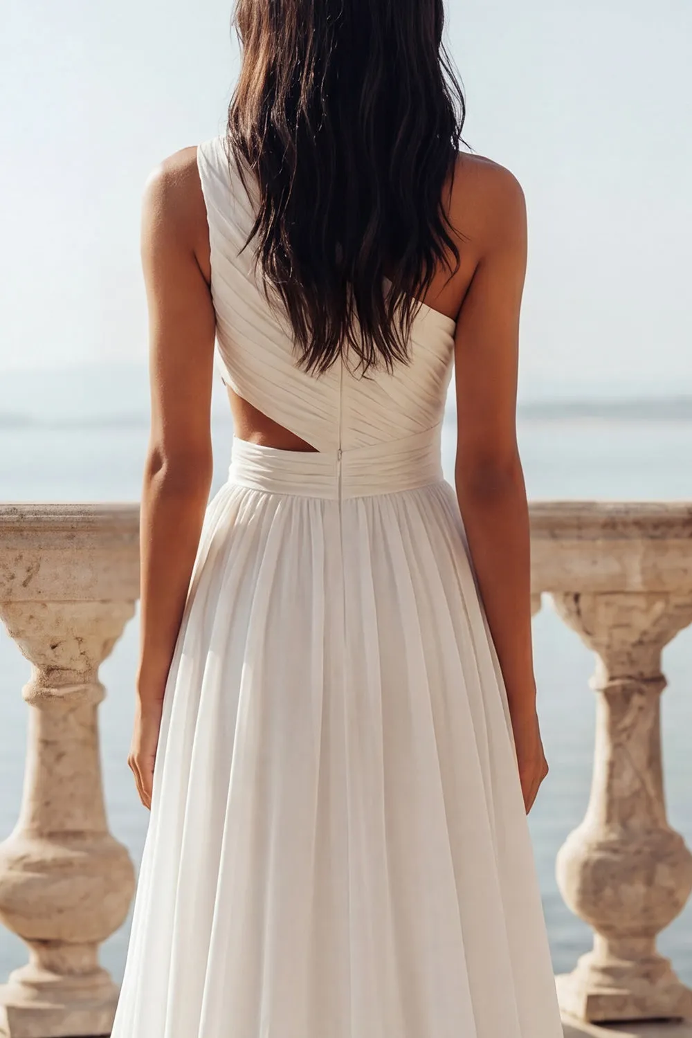 One Shoulder Cut Out Ivory A Line Ruffled Chiffon Wedding Dress sold by Zapaka product image thumbnail 4