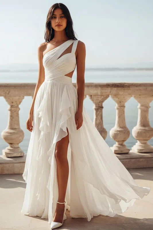 One Shoulder Cut Out Ivory A Line Ruffled Chiffon Wedding Dress made by Zapaka
