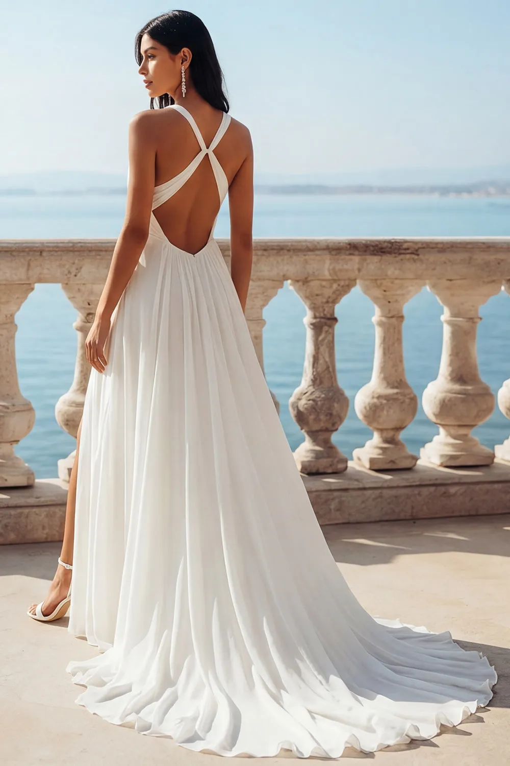 Ivory V-Neck A Line Sweep Train Wedding Dress with Slit sold by Zapaka product image thumbnail 2