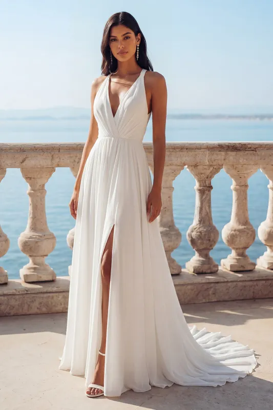 Ivory V-Neck A Line Sweep Train Wedding Dress with Slit made by Zapaka
