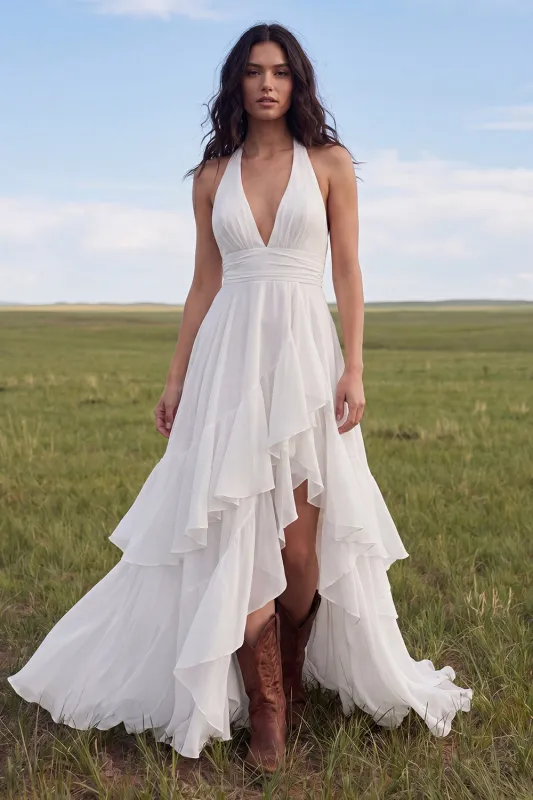 Halter Ivory A Line Chiffon Boho Wedding Dress made by Zapaka
