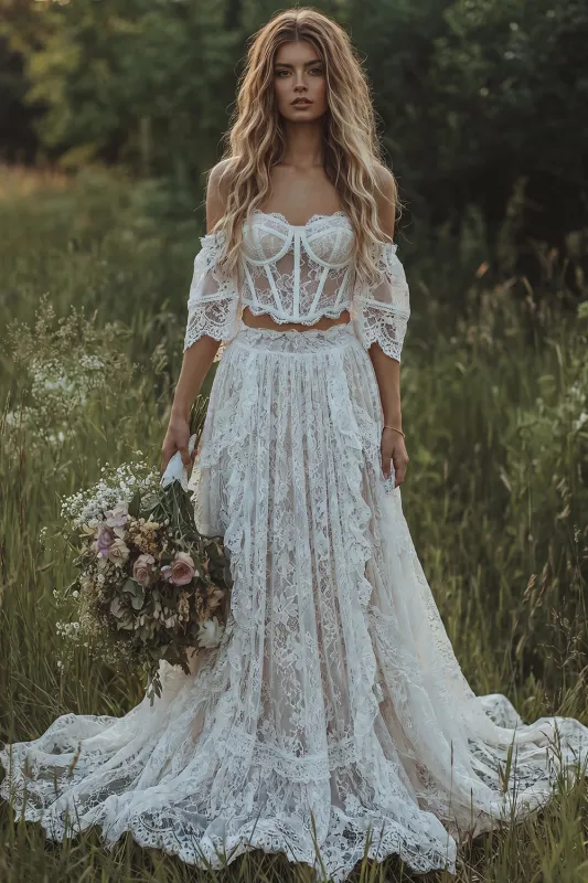 Lace Off The Shoulder Ivory Corset Boho Wedding Dress made by Zapaka