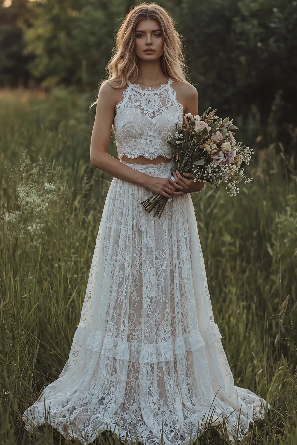 Lace Ivory Ruffled A Line 2-piece Boho Wedding Dress sold by Zapaka