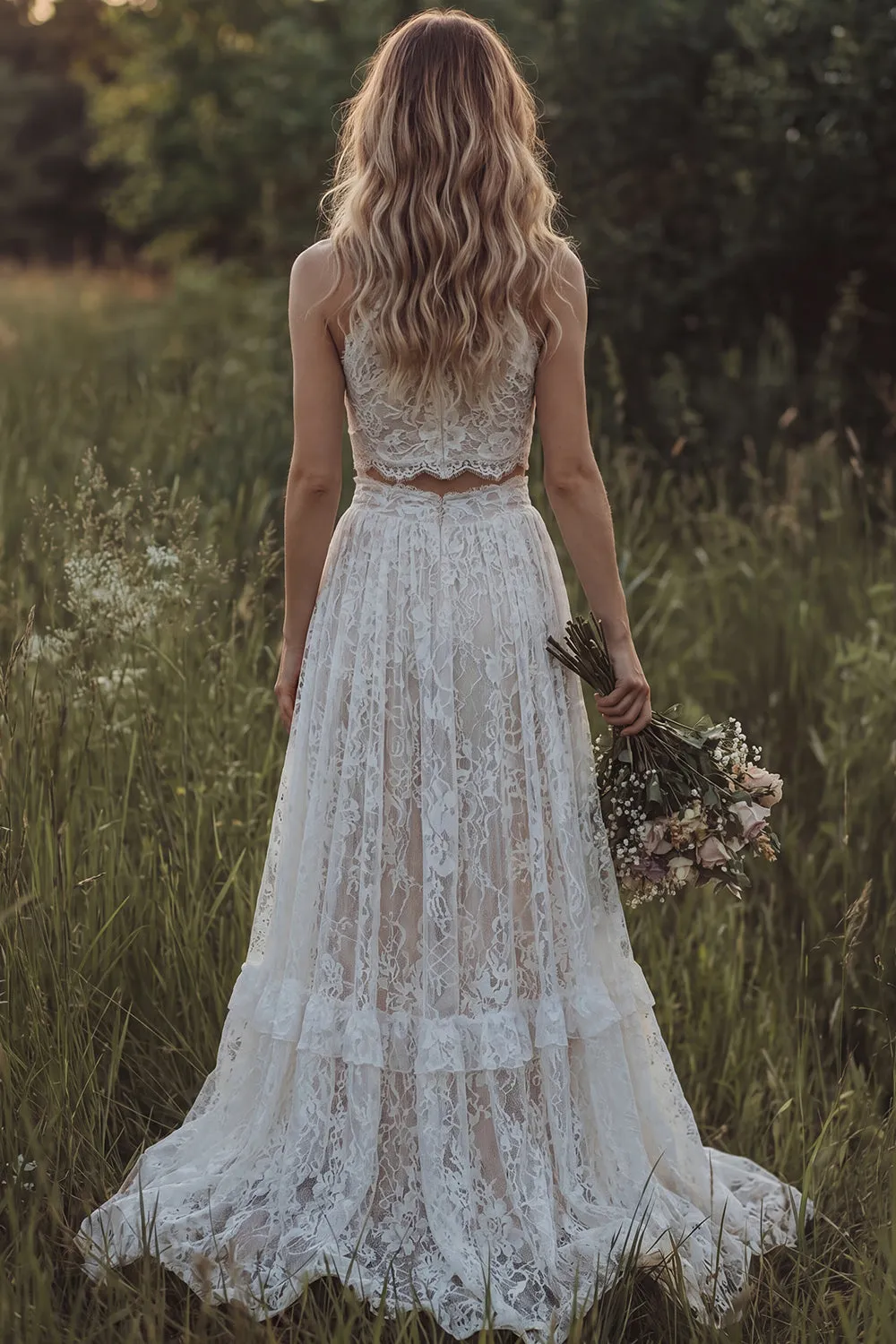 Lace Ivory Ruffled A Line 2-piece Boho Wedding Dress sold by Zapaka product image thumbnail 2