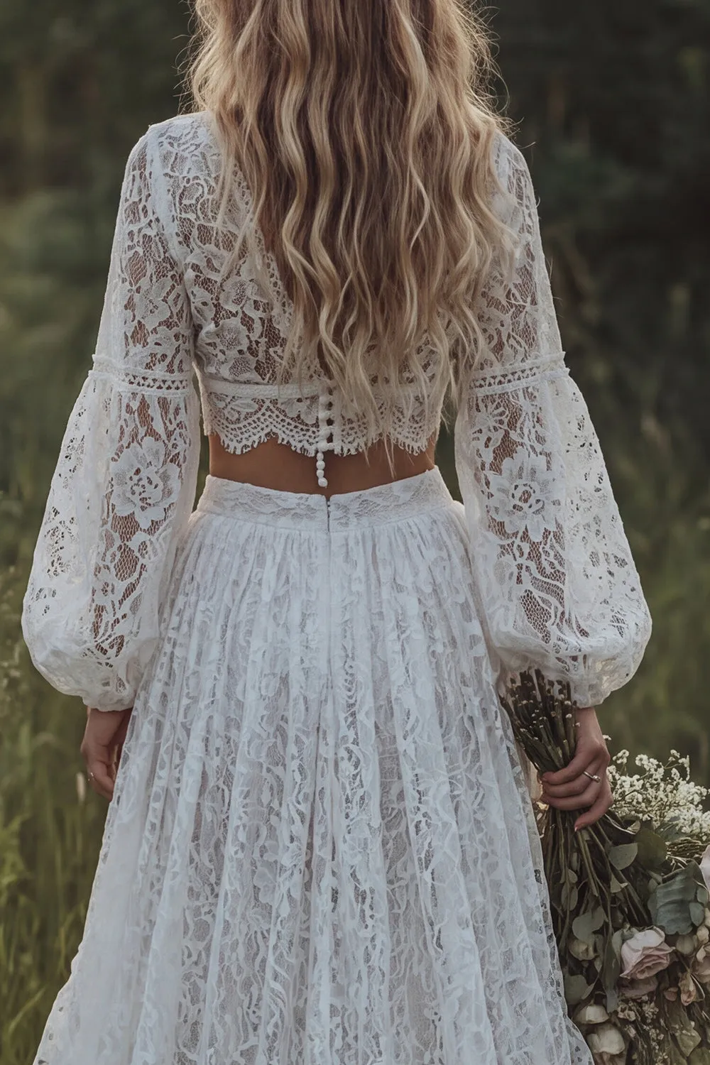 Lace Ivory V-Neck Ruffled A Line Long Sleeve Boho Wedding Dress sold by Zapaka product image thumbnail 4