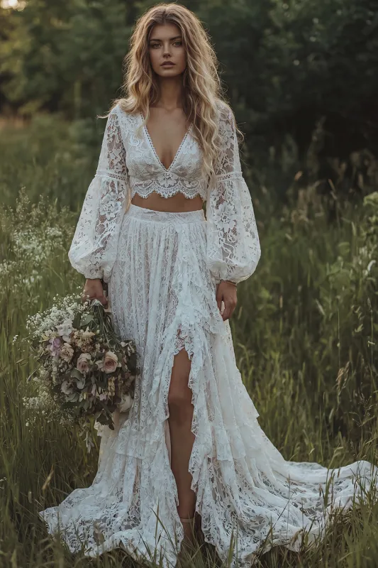 Lace Ivory V-Neck Ruffled A Line Long Sleeve Boho Wedding Dress made by Zapaka