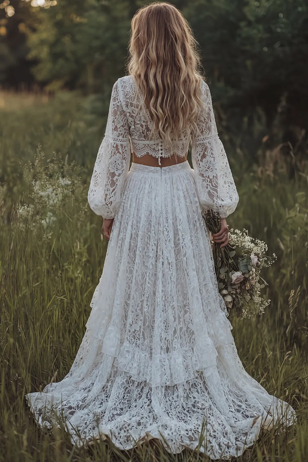 Lace Ivory V-Neck Ruffled A Line Long Sleeve Boho Wedding Dress sold by Zapaka product image thumbnail 2