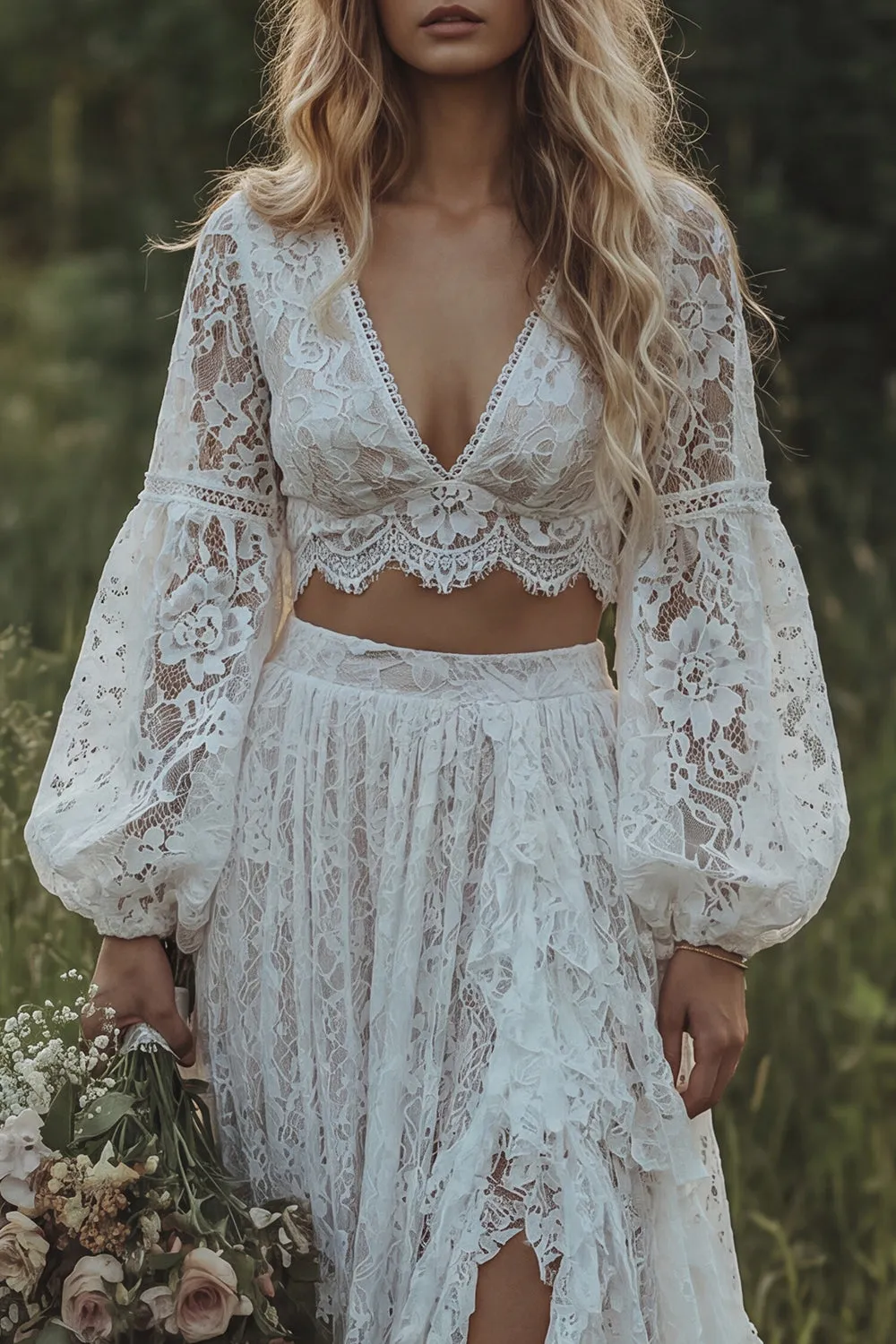 Lace Ivory V-Neck Ruffled A Line Long Sleeve Boho Wedding Dress sold by Zapaka product image thumbnail 3