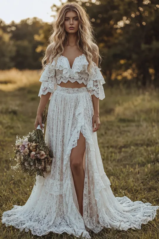 Off The Shoulder Lace Ivory A Line Ruffled 2-piece Boho Wedding Dress made by Zapaka