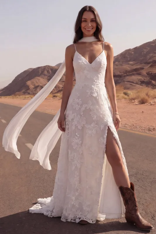 Ivory Spaghetti Straps A Line Appliqued Boho Wedding Dress with Neck Scarf made by Zapaka