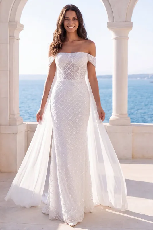 Off The Shoulder Mermaid Ivory Wedding Dress with Sash made by Zapaka