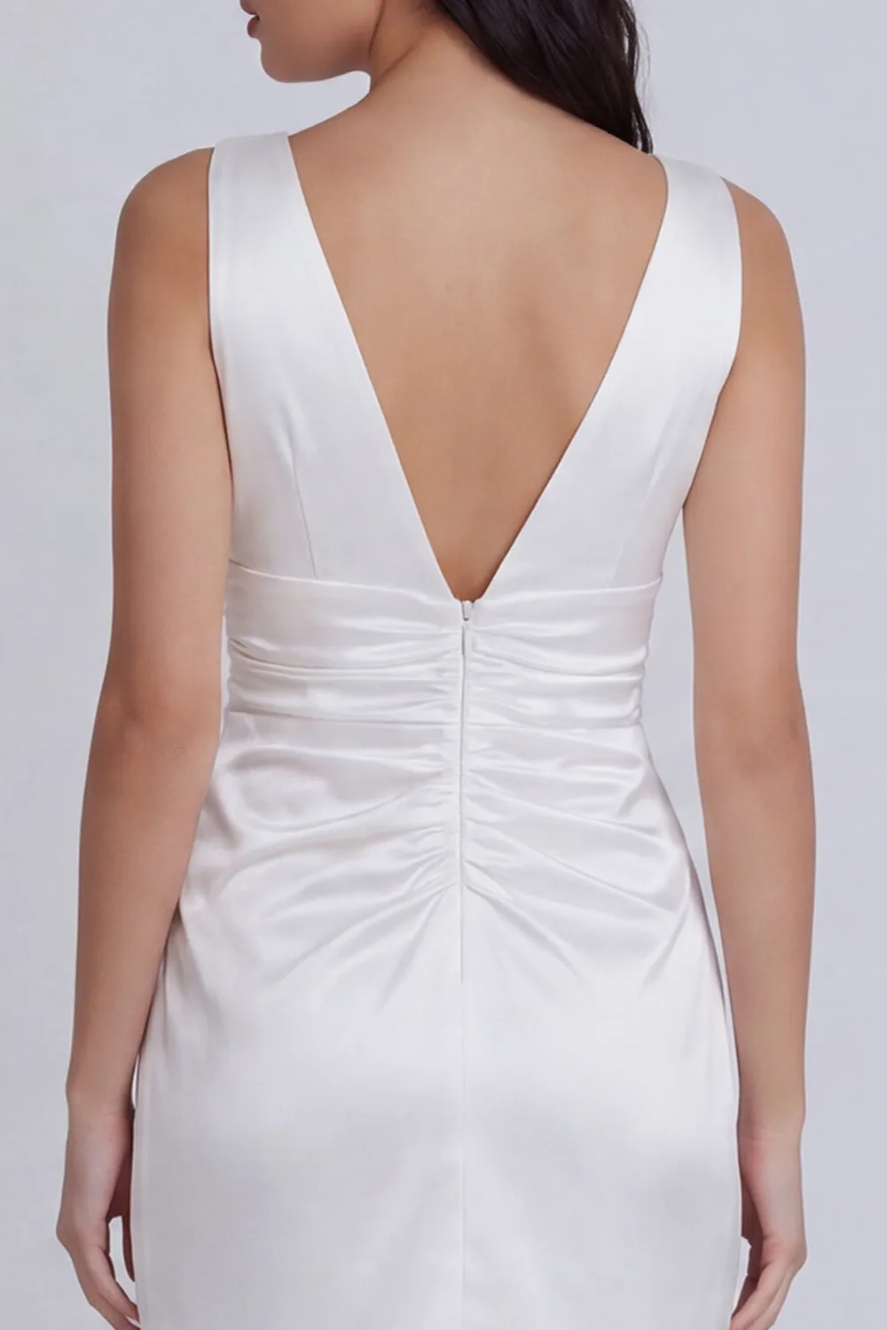 Ivory V-Neck Satin Ruched Bodycon Short Graduation Dress sold by Zapaka product image thumbnail 4
