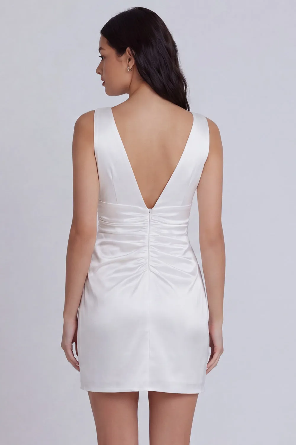 Ivory V-Neck Satin Ruched Bodycon Short Graduation Dress sold by Zapaka product image thumbnail 2