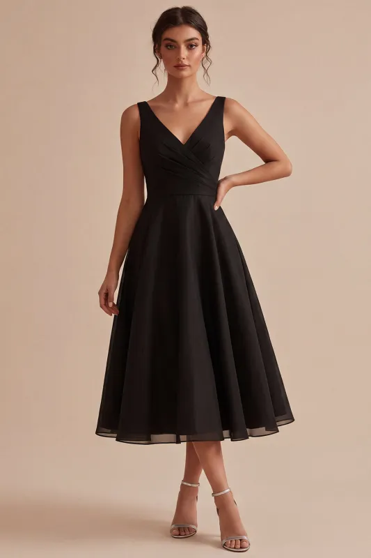 Black V-Neck Ruched A Line Midi Formal Dress made by Zapaka