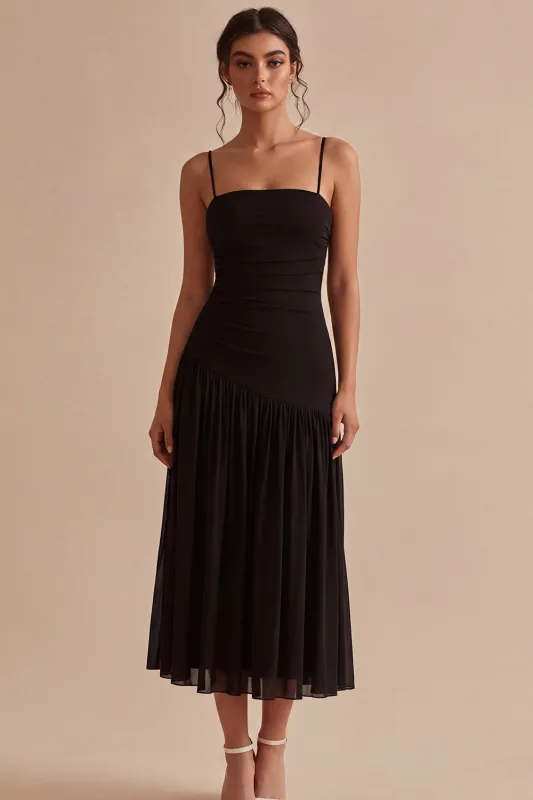 Black A Line Ruched Spaghetti Straps Midi Formal Dress made by Zapaka