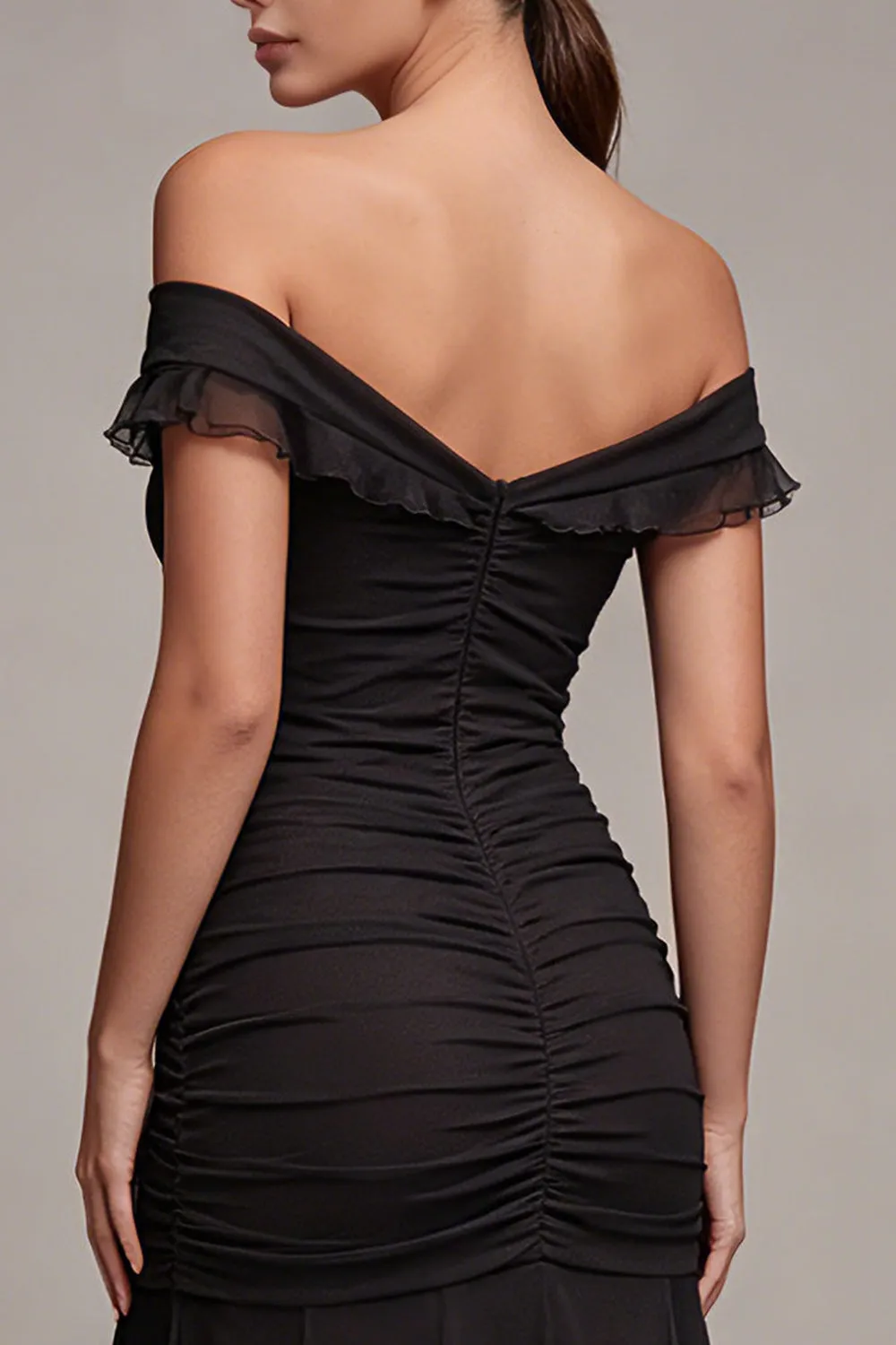 Black Off the Shoulder Mermaid Ruched Long Formal Dress with Ruffles sold by Zapaka product image thumbnail 4
