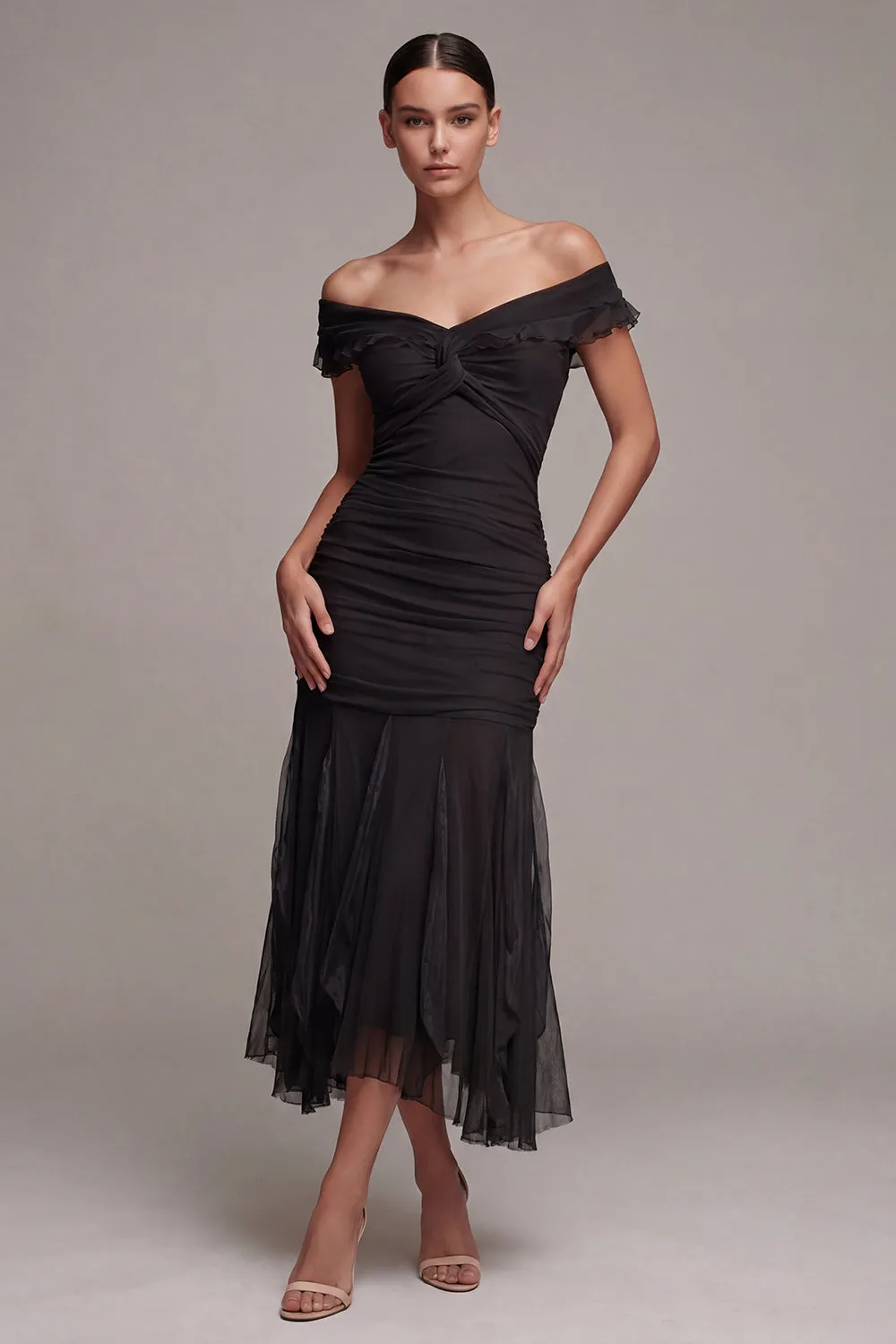 Black Off the Shoulder Mermaid Ruched Long Formal Dress with Ruffles sold by Zapaka