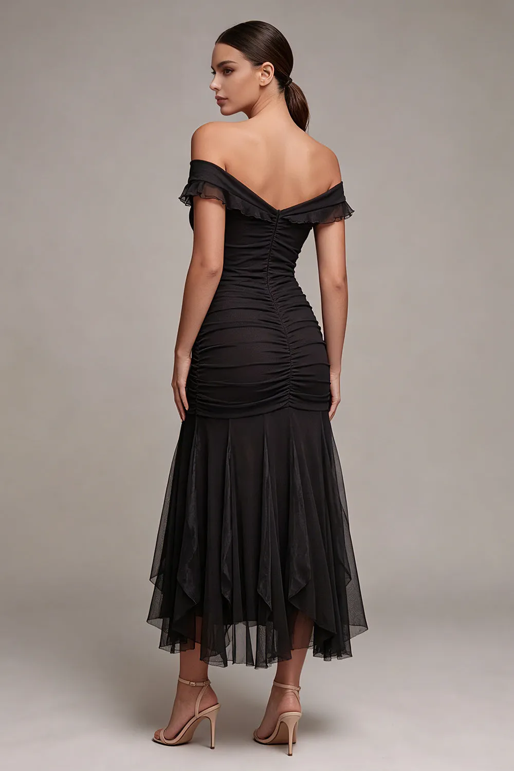Black Off the Shoulder Mermaid Ruched Long Formal Dress with Ruffles sold by Zapaka product image thumbnail 2