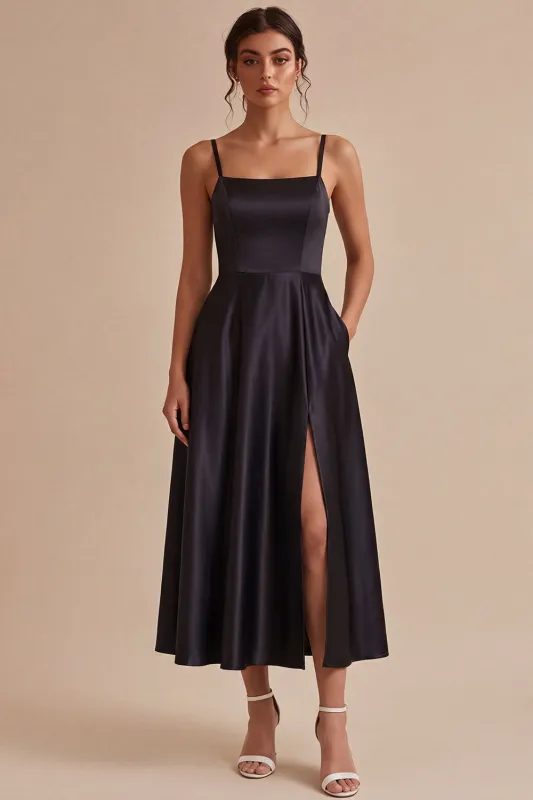 A Line Spaghetti Straps Long Black Tie Dress with Pockets made by Zapaka