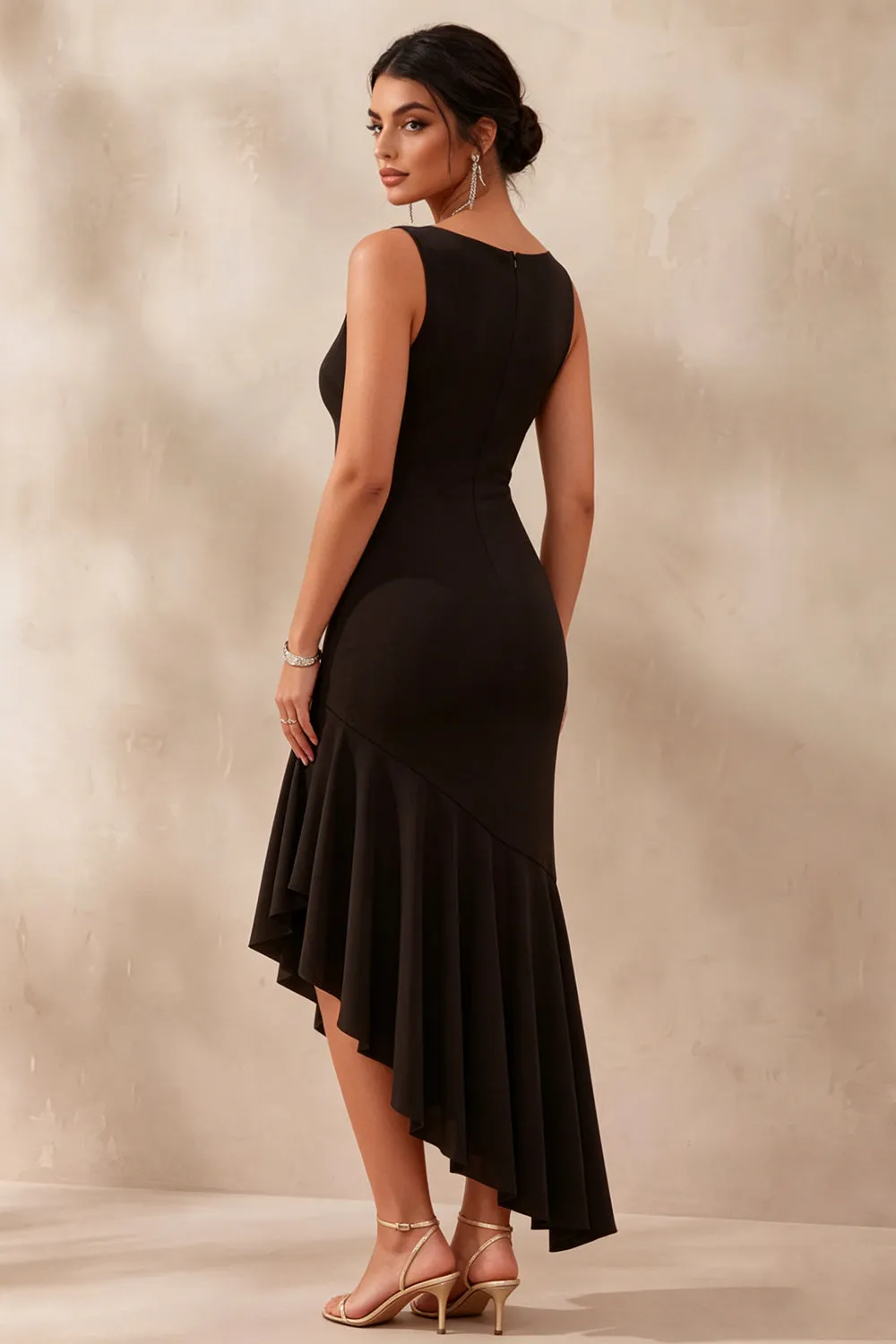 Boat Neck Mermaid Asymmetrical Black Tie Dress with Ruffles sold by Zapaka product image thumbnail 2