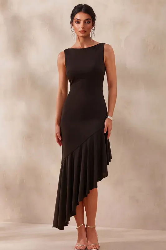 Boat Neck Mermaid Asymmetrical Black Tie Dress with Ruffles made by Zapaka