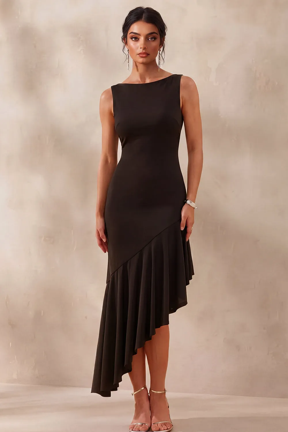 Boat Neck Mermaid Asymmetrical Black Tie Dress with Ruffles sold by Zapaka