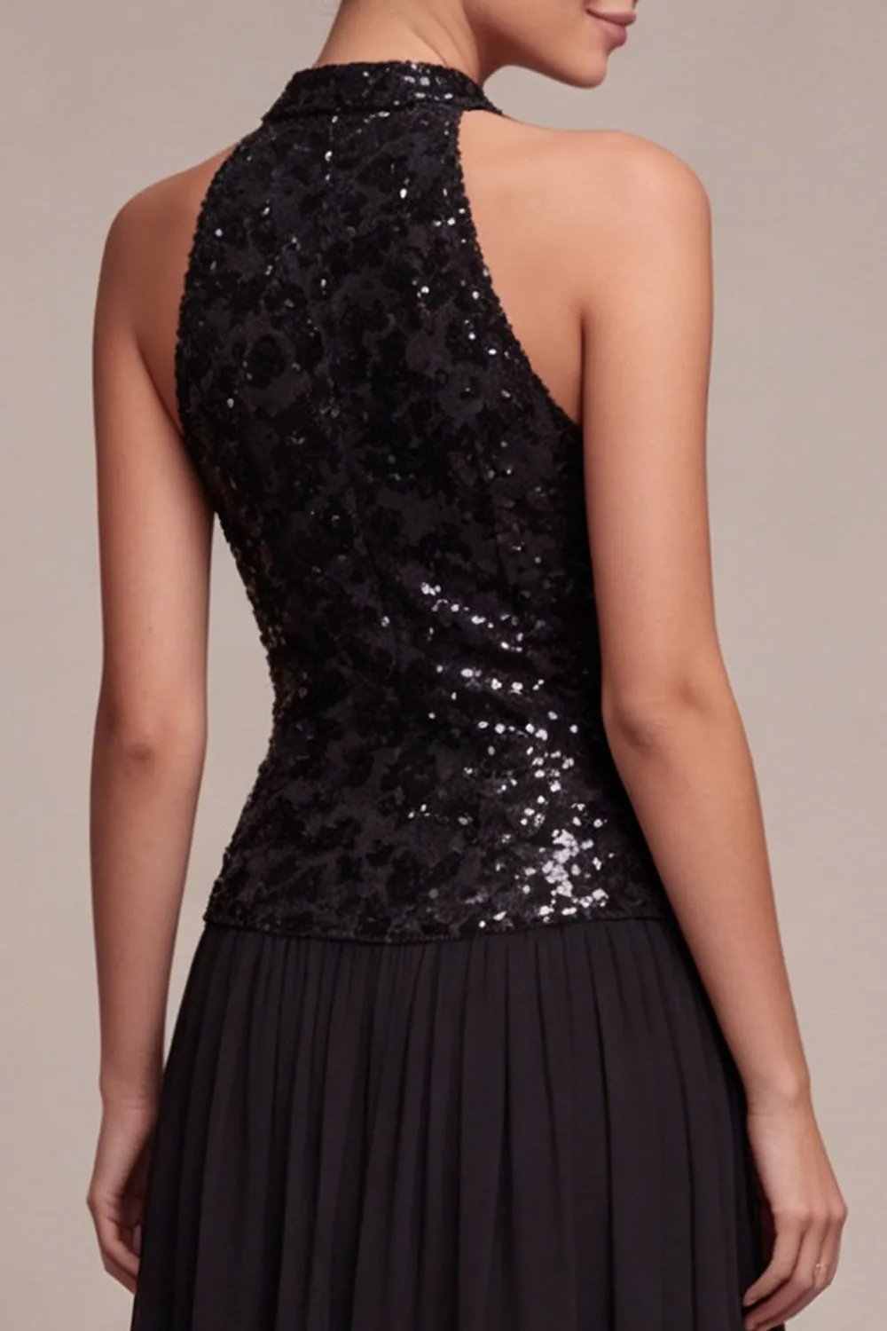 Sparkly High Neck A Line Long Black Tie Dress with Sequins sold by Zapaka product image thumbnail 4