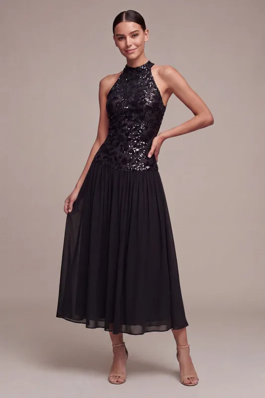 Sparkly High Neck A Line Long Black Tie Dress with Sequins made by Zapaka