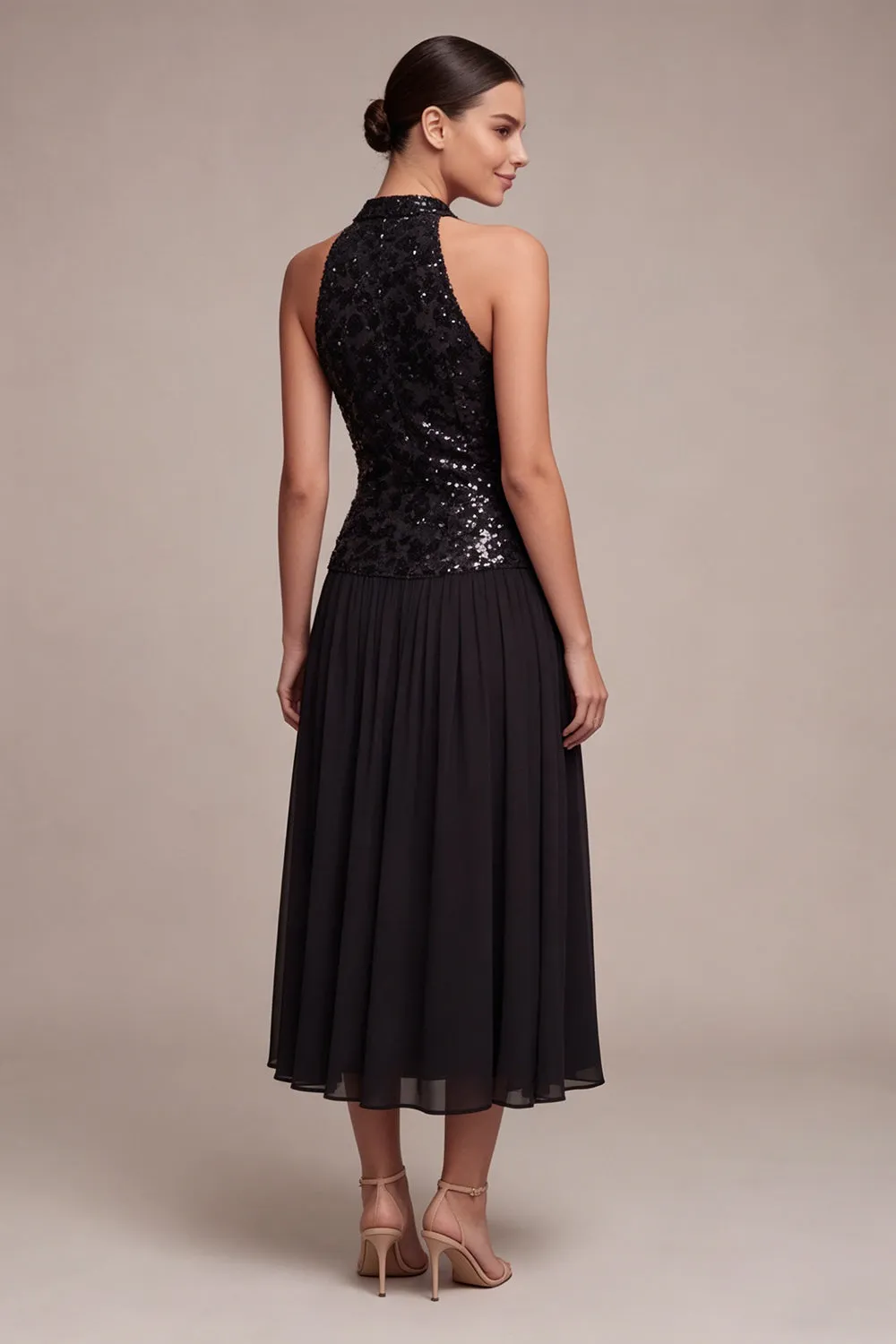 Sparkly High Neck A Line Long Black Tie Dress with Sequins sold by Zapaka product image thumbnail 2