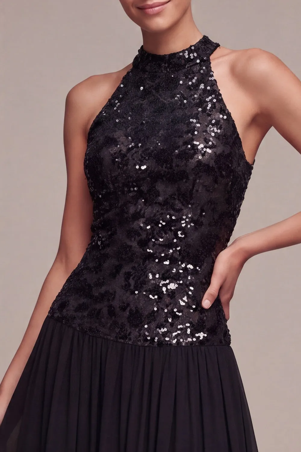 Sparkly High Neck A Line Long Black Tie Dress with Sequins sold by Zapaka product image thumbnail 3