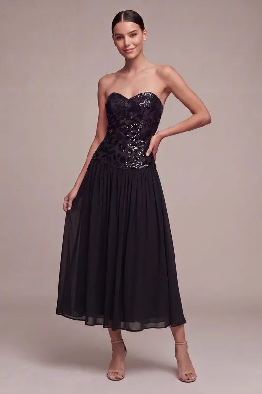 Sparkly Strapless A Line Midi Black Tie Dress with Sequins made by Zapaka