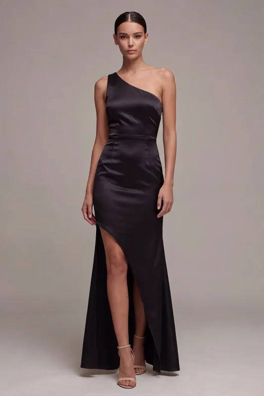 Black One Shoulder Mermaid Long Formal Dress with Slit made by Zapaka