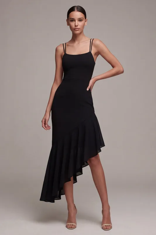 Black Spaghetti Straps Mermaid Asymmetrical Formal Dress with Ruffles made by Zapaka