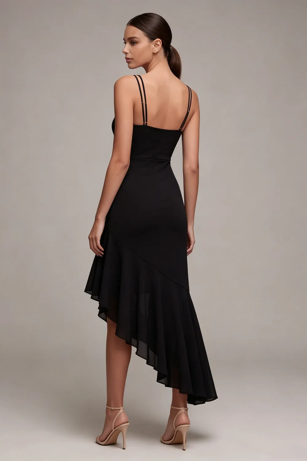 Black Spaghetti Straps Mermaid Asymmetrical Formal Dress with Ruffles sold by Zapaka product image thumbnail 2