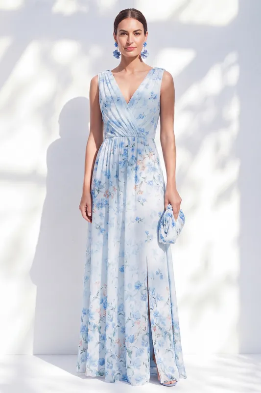 A-Line Chiffon Blue Floral V-Neck Ruched Long Mother Of the Bride Dress with Slit made by Zapaka