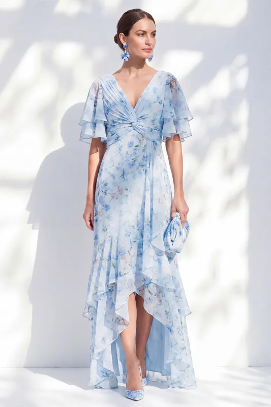 Mermaid Chiffon Blue Floral V-Neck Ruffled High Low Mother Of the Bride Dress made by Zapaka
