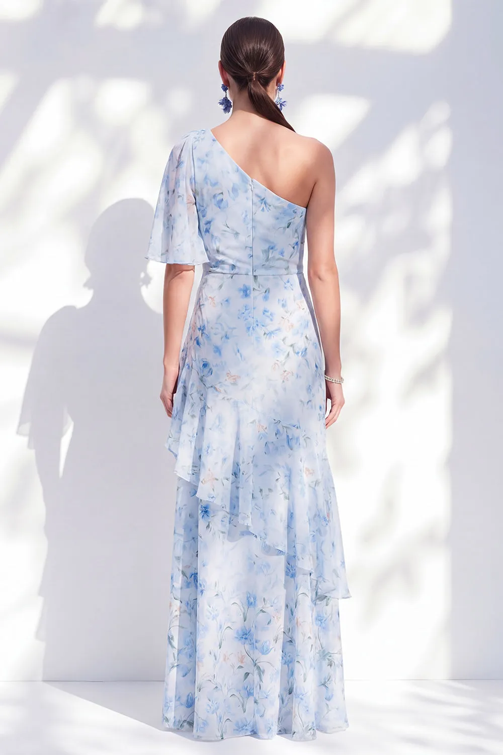 Chiffon Mermaid Blue Floral One Shoulder Ruffled Long Mother Of the Bride Dress with Slit sold by Zapaka product image thumbnail 2