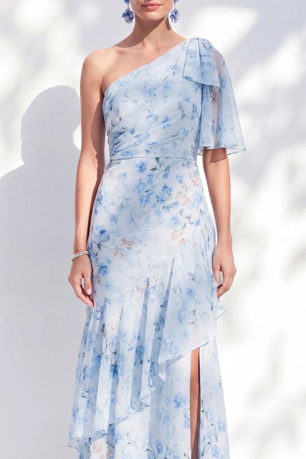 Chiffon Mermaid Blue Floral One Shoulder Ruffled Long Mother Of the Bride Dress with Slit sold by Zapaka product image thumbnail 3