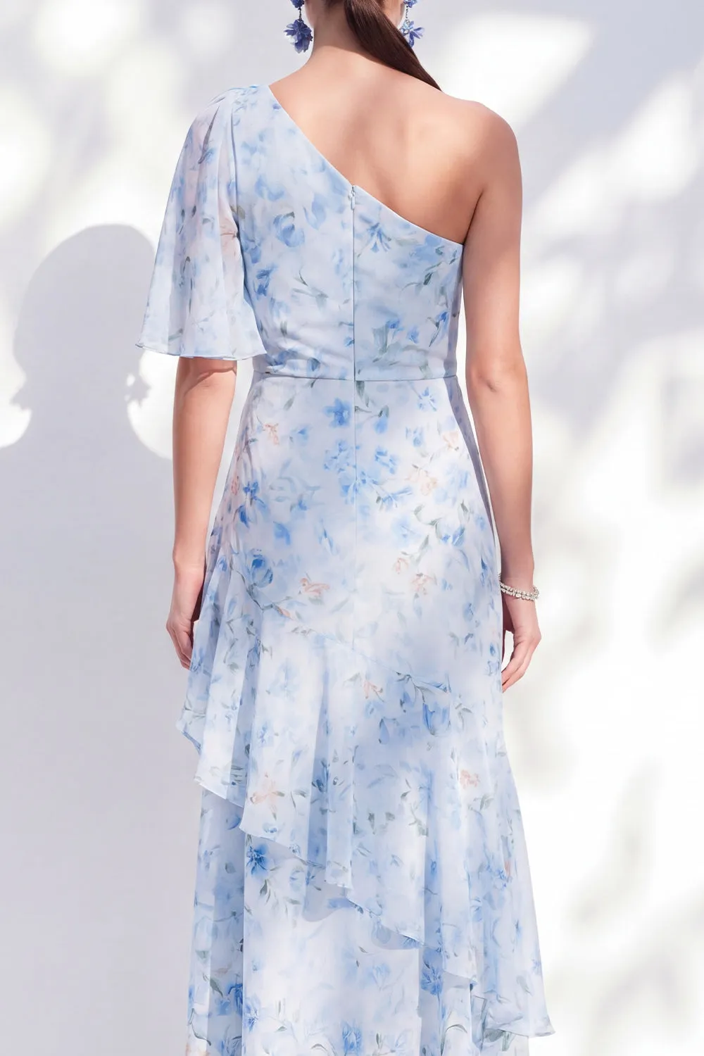 Chiffon Mermaid Blue Floral One Shoulder Ruffled Long Mother Of the Bride Dress with Slit sold by Zapaka product image thumbnail 4