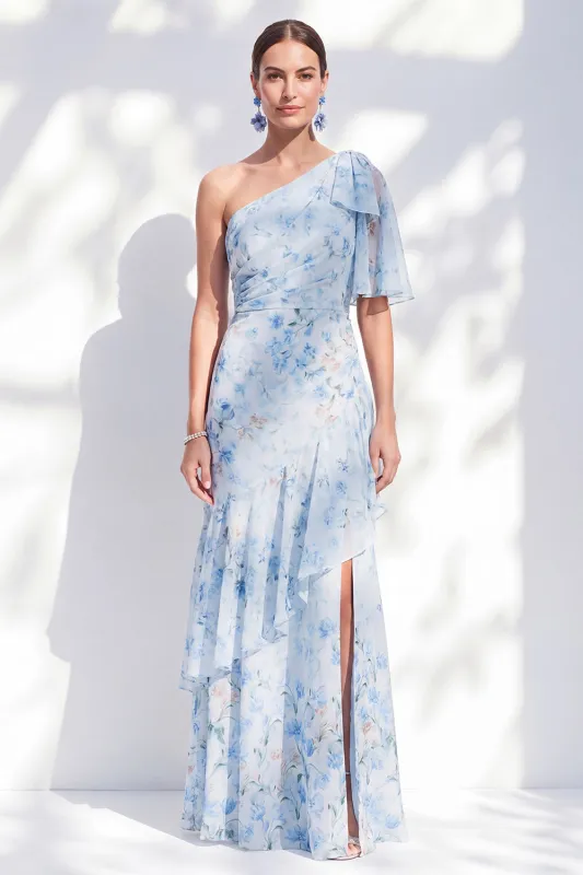 Chiffon Mermaid Blue Floral One Shoulder Ruffled Long Mother Of the Bride Dress with Slit made by Zapaka