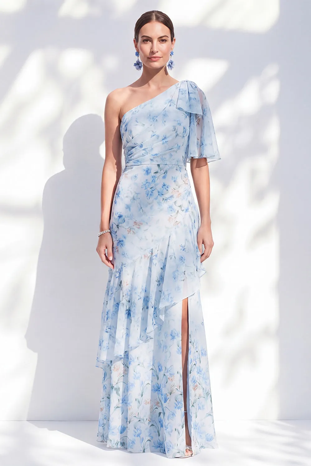 Chiffon Mermaid Blue Floral One Shoulder Ruffled Long Mother Of the Bride Dress with Slit sold by Zapaka