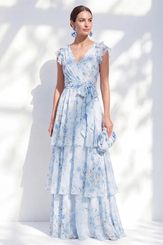 Chiffon A-Line Blue Floral V-Neck Tiered Ruffled Long Mother Of the Bride Dress with Belt made by Zapaka