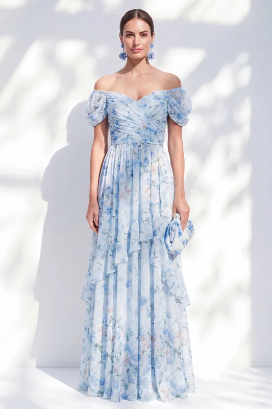 A-Line Blue Off the Shoulder Chiffon Floral Long Mother Of the Bride Dress made by Zapaka
