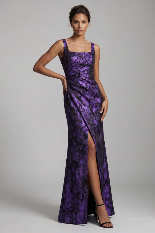 Floral Dark Purple Mermaid Ruched Long Mother of the Bride Dress with Slit made by Zapaka